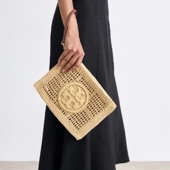 Authentic Tory Burch 155038 Natural Raffia Ella Crochet Pouch Wristlet - Picture 2 of 10